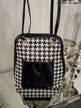 Saxuan Black & White Houndstooth Patent Accent Shoulder Bag